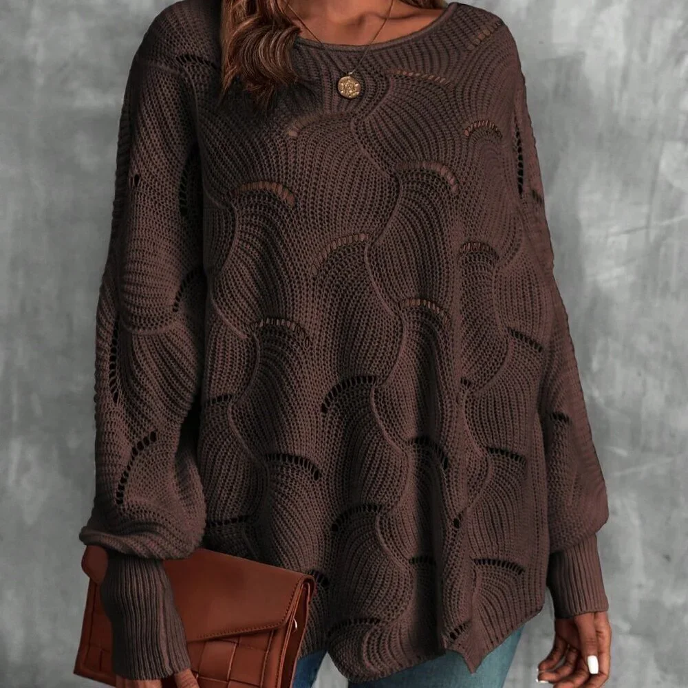 Brown Casual Womens Lantern Sleeve Pointelle Knit Pullover Sweater